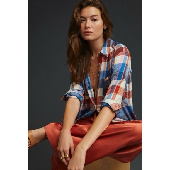 Anthropologie Pilcro Hadley Relaxed Buttondown Shirt Red White Blue Plaid 1X - Picture 4 of 16